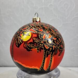 Vtg Poland Halloween Tree Ornament Orange Black Hand Painted Moon Trees Signed